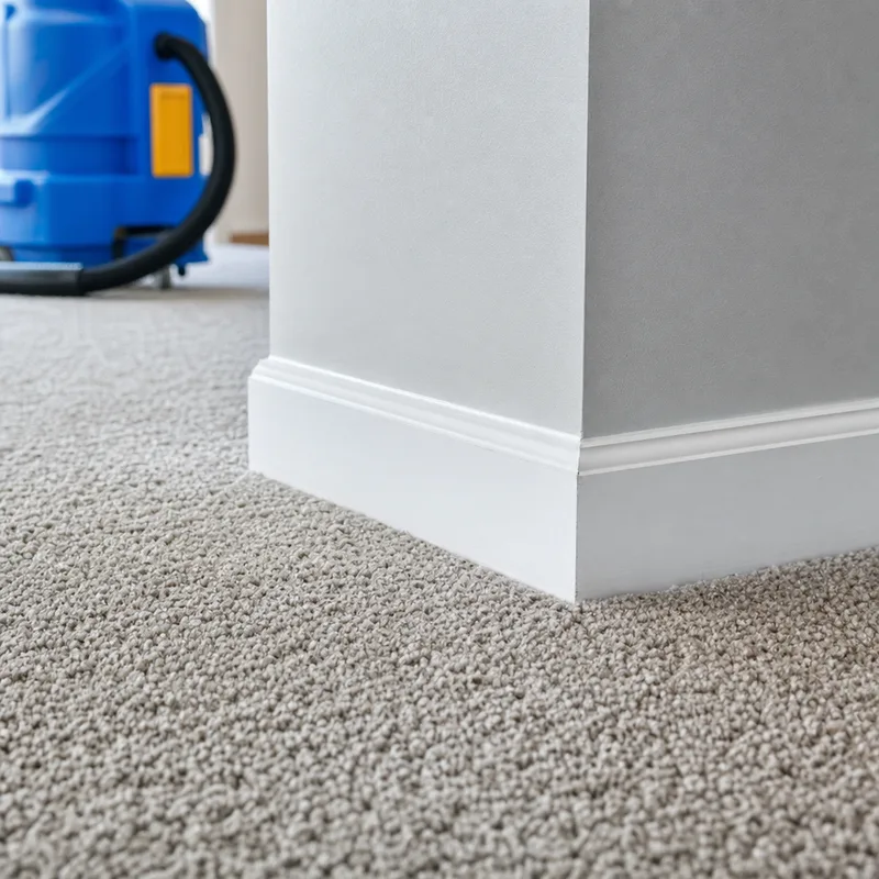 Freshly vacuumed carpet with clean edge lines along a baseboard and corner