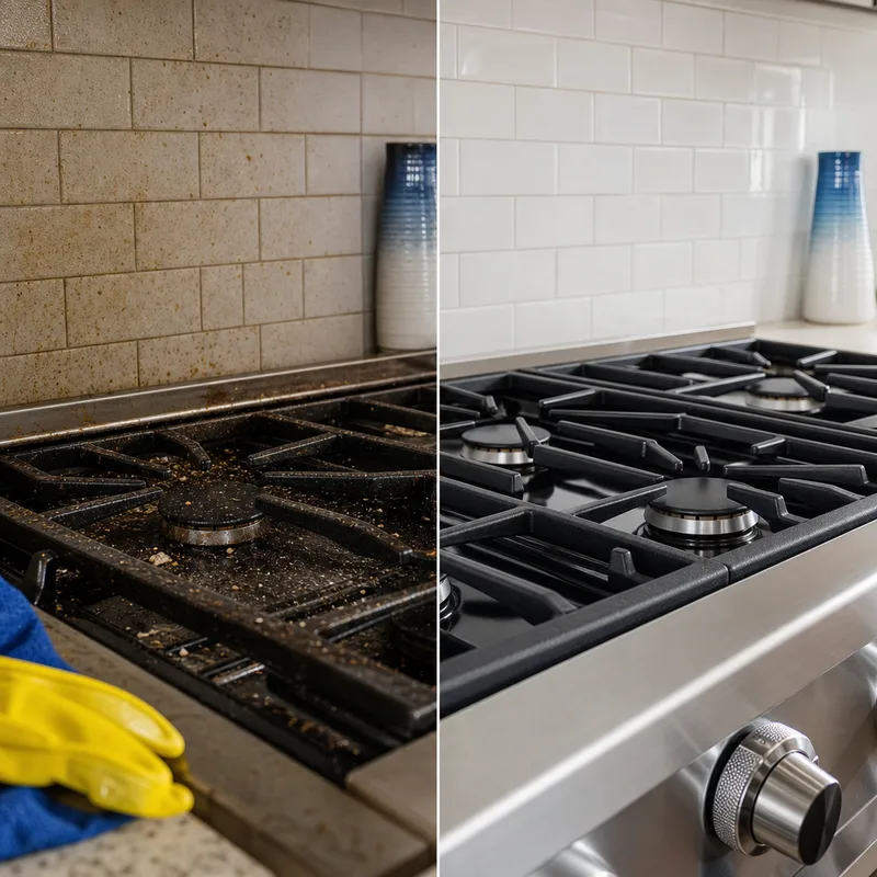 Before-and-after view of grease and crumbs cleaned from a kitchen stovetop and backsplash