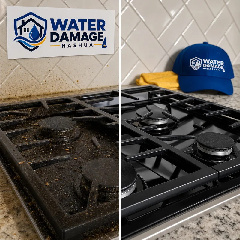 Before-and-after view of grease and crumbs cleaned from a kitchen stovetop and backsplash