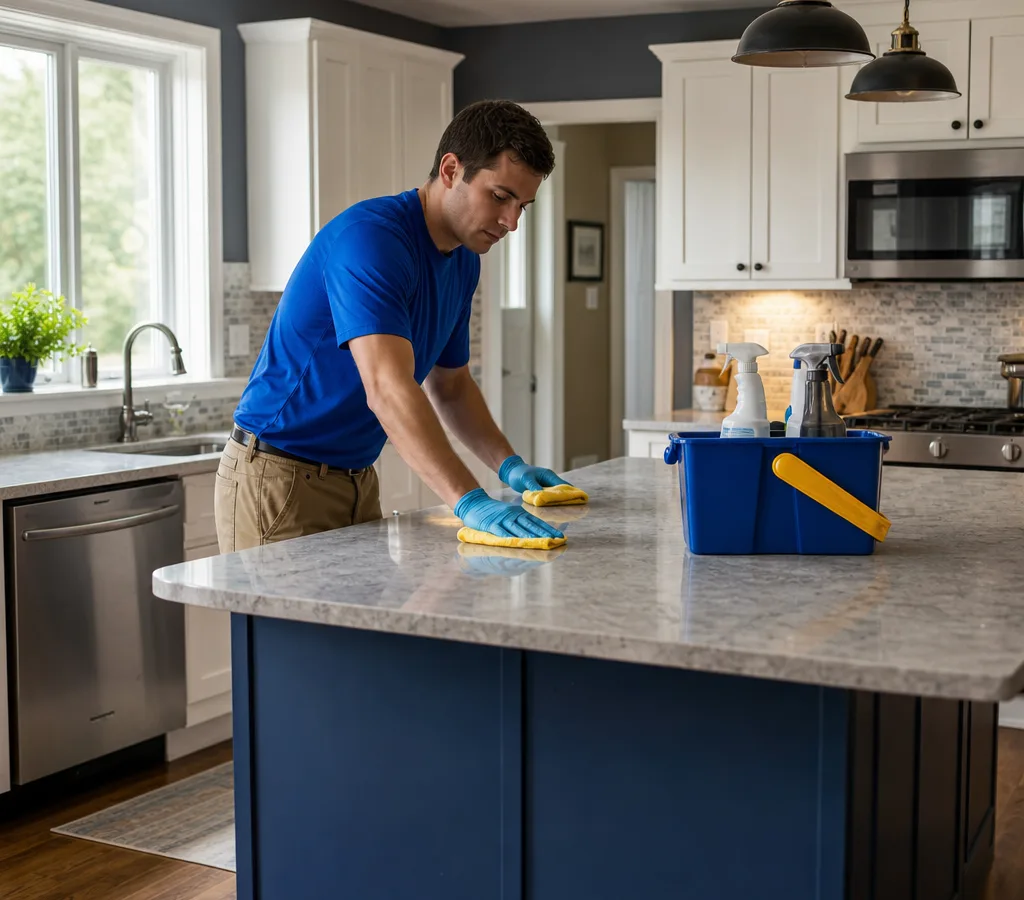 Professional cleaner wiping a kitchen counter in a lived-in Nashua home