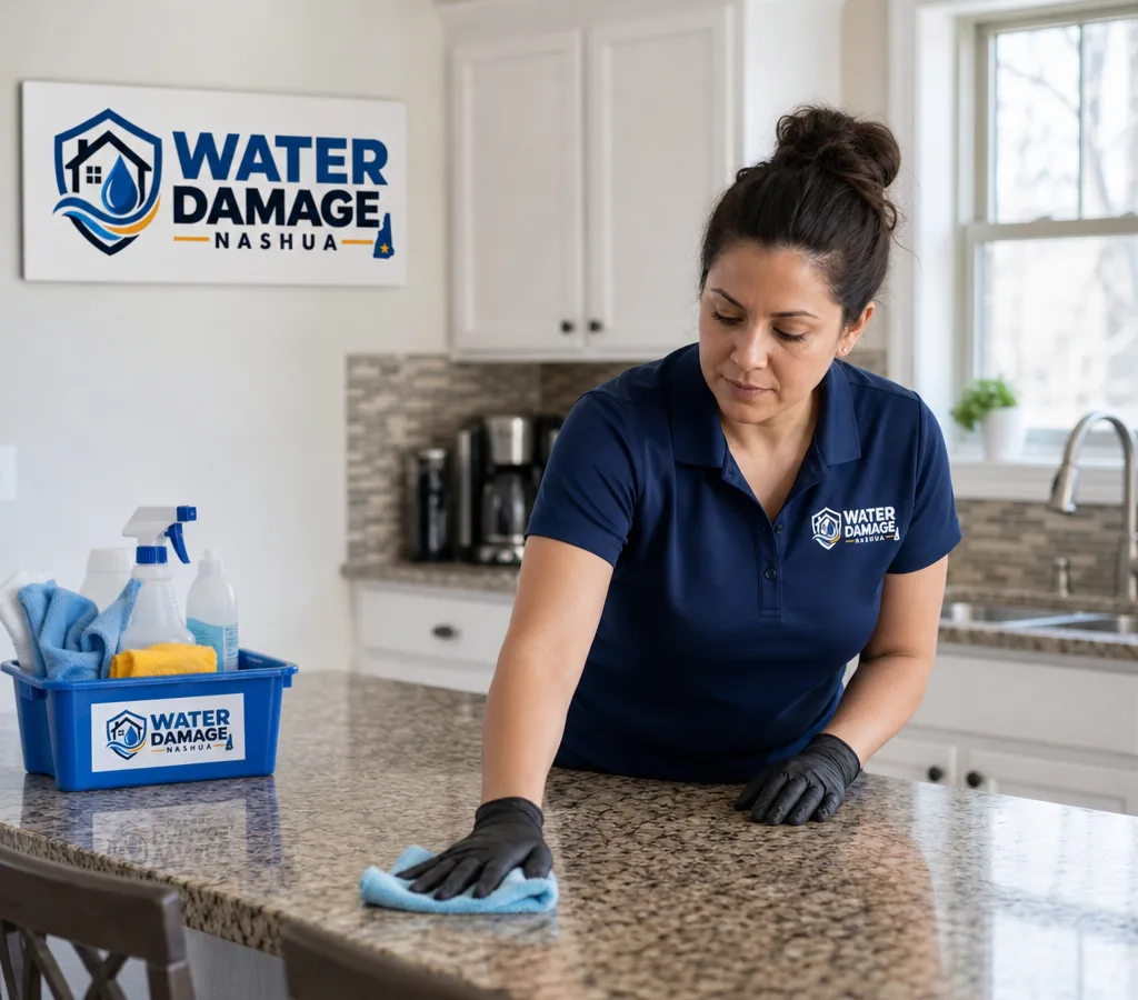 Professional cleaner wiping a kitchen counter in a lived-in Nashua home