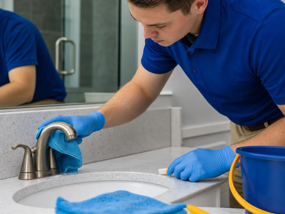 Cleaner hand-detailing a bathroom faucet and countertop edge with microfiber cloths