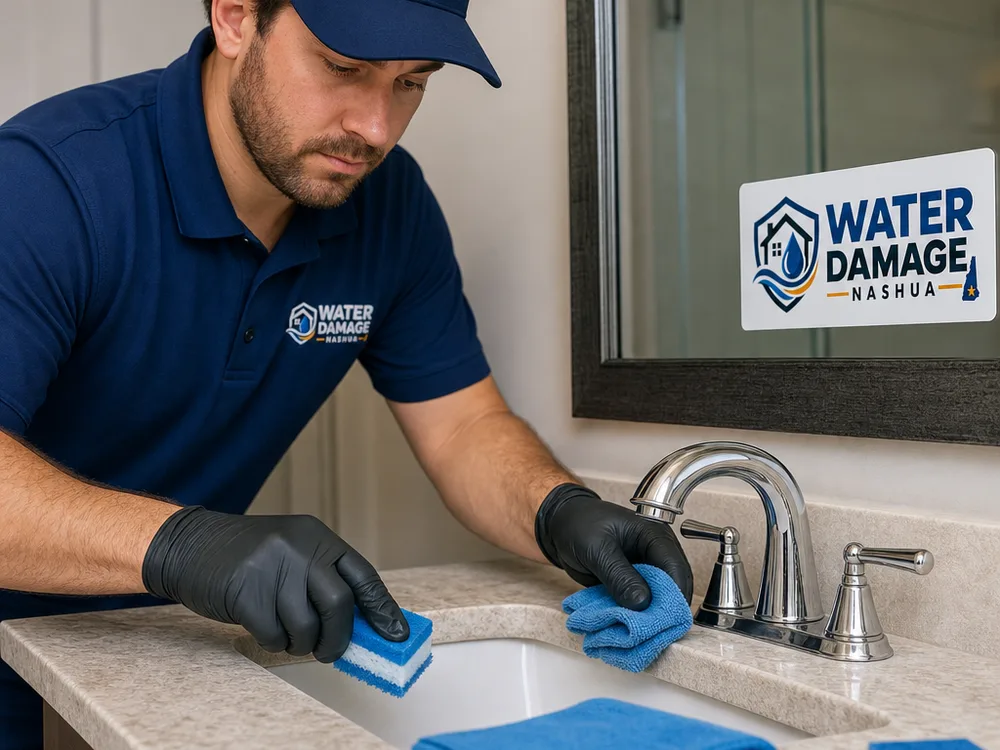 Cleaner hand-detailing a bathroom faucet and countertop edge with microfiber cloths