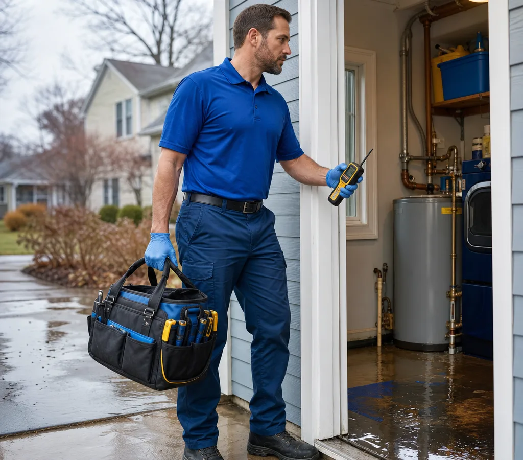 Plumber arriving at a Nashua home with tools and a moisture meter near a wet utility room