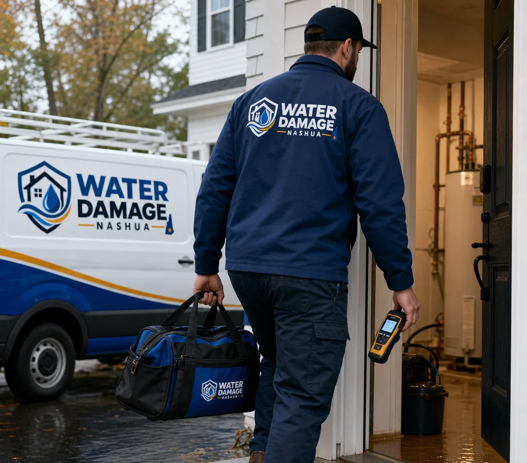 Plumber arriving at a Nashua home with tools and a moisture meter near a wet utility room