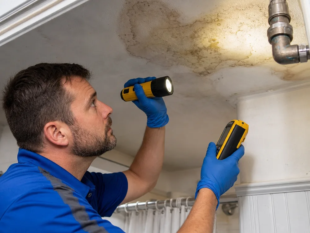 Plumber inspecting a stained ceiling with an inspection light and moisture meter near a shutoff valve