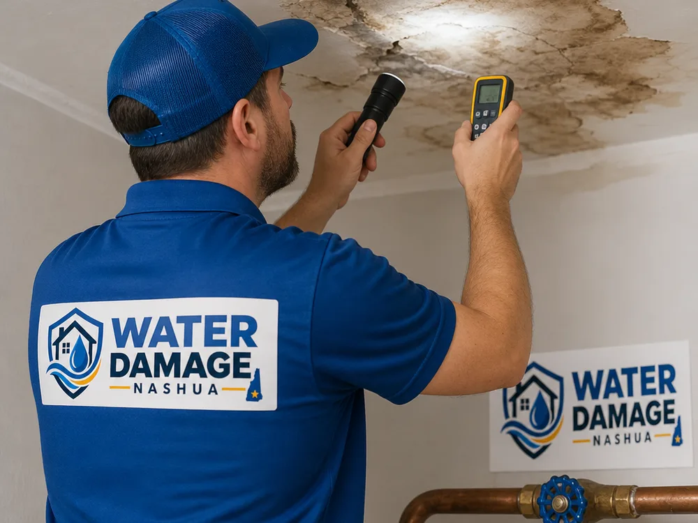 Plumber inspecting a stained ceiling with an inspection light and moisture meter near a shutoff valve