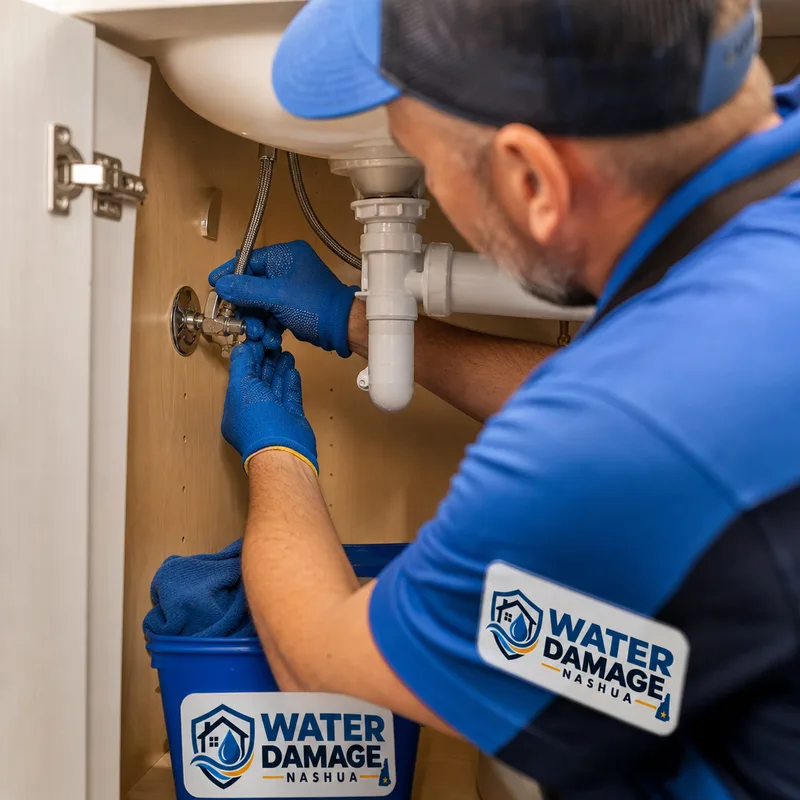 Plumber tightening a braided supply line and inspecting a shutoff valve under a bathroom sink