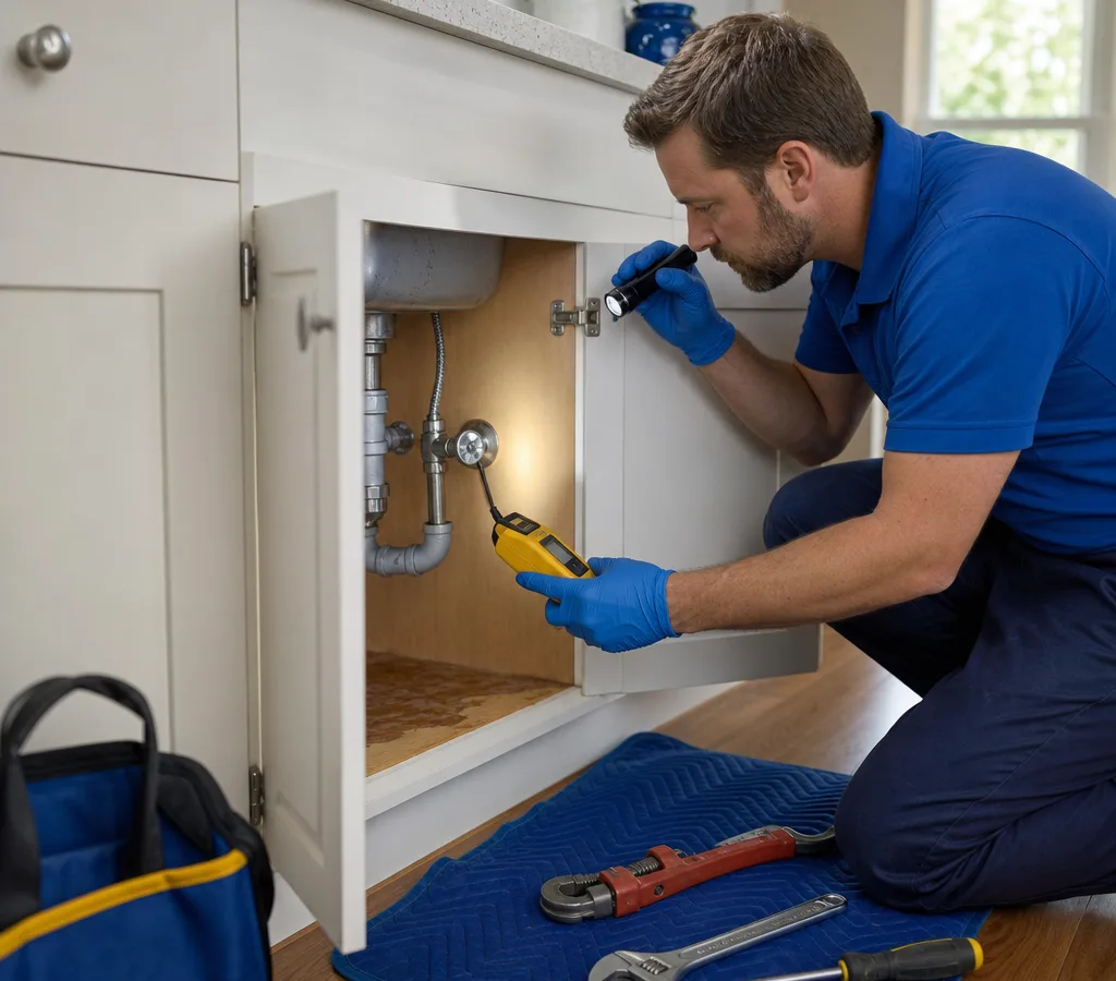Plumber inspecting a supply line under a sink in a Nashua home with a flashlight and moisture meter