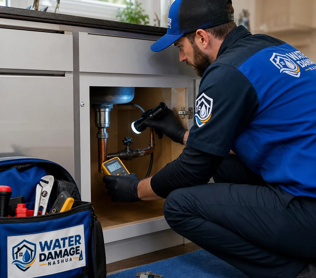 Plumber inspecting a supply line under a sink in a Nashua home with a flashlight and moisture meter