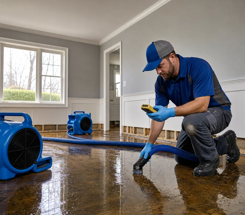 Technician extracting water from a residential room with drying equipment nearby