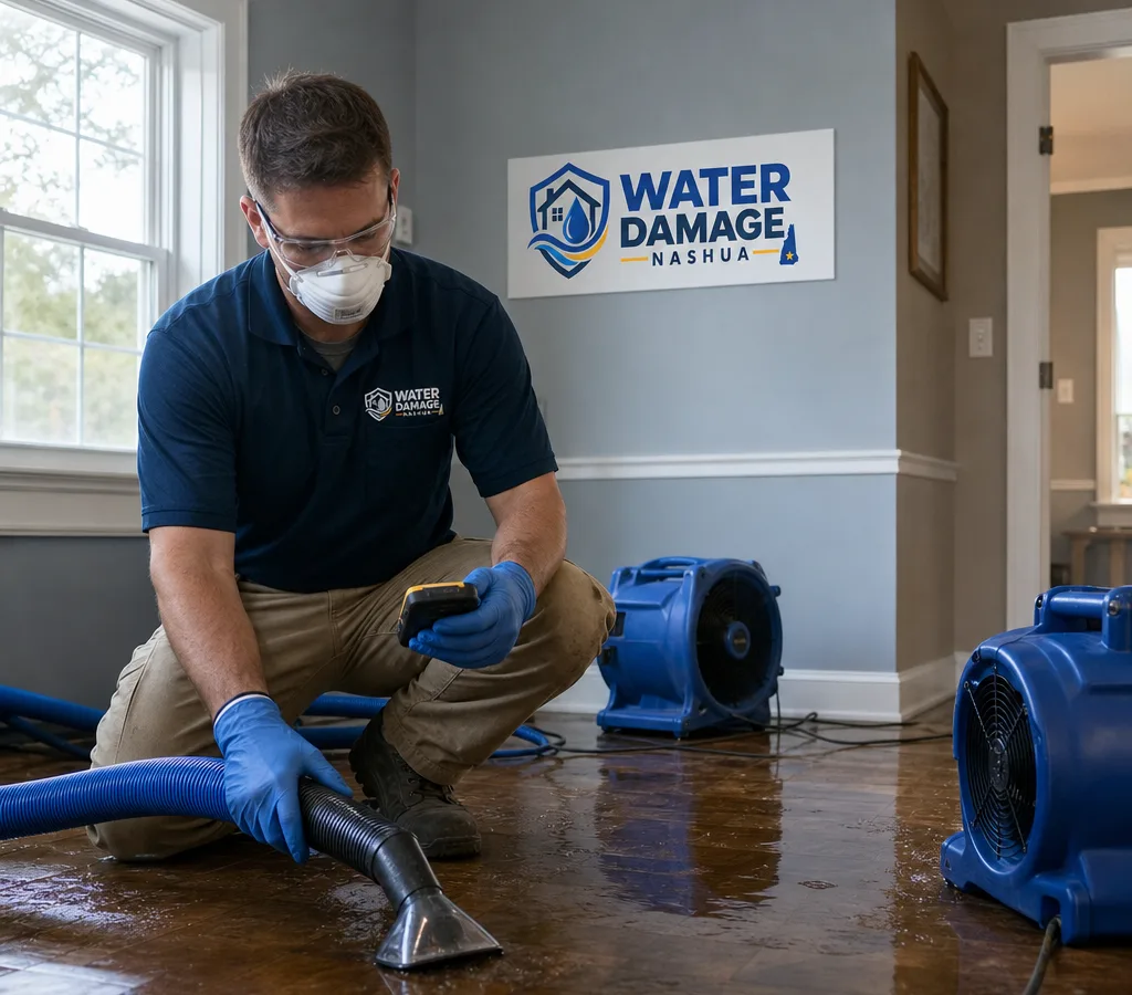 Technician extracting water from a residential room with drying equipment nearby