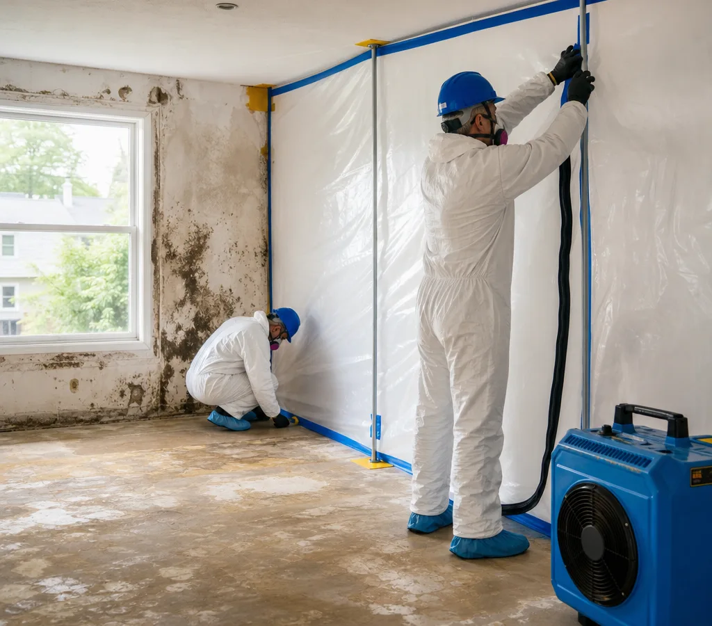 Technicians setting up plastic containment and negative air equipment in a residential room with mold staining