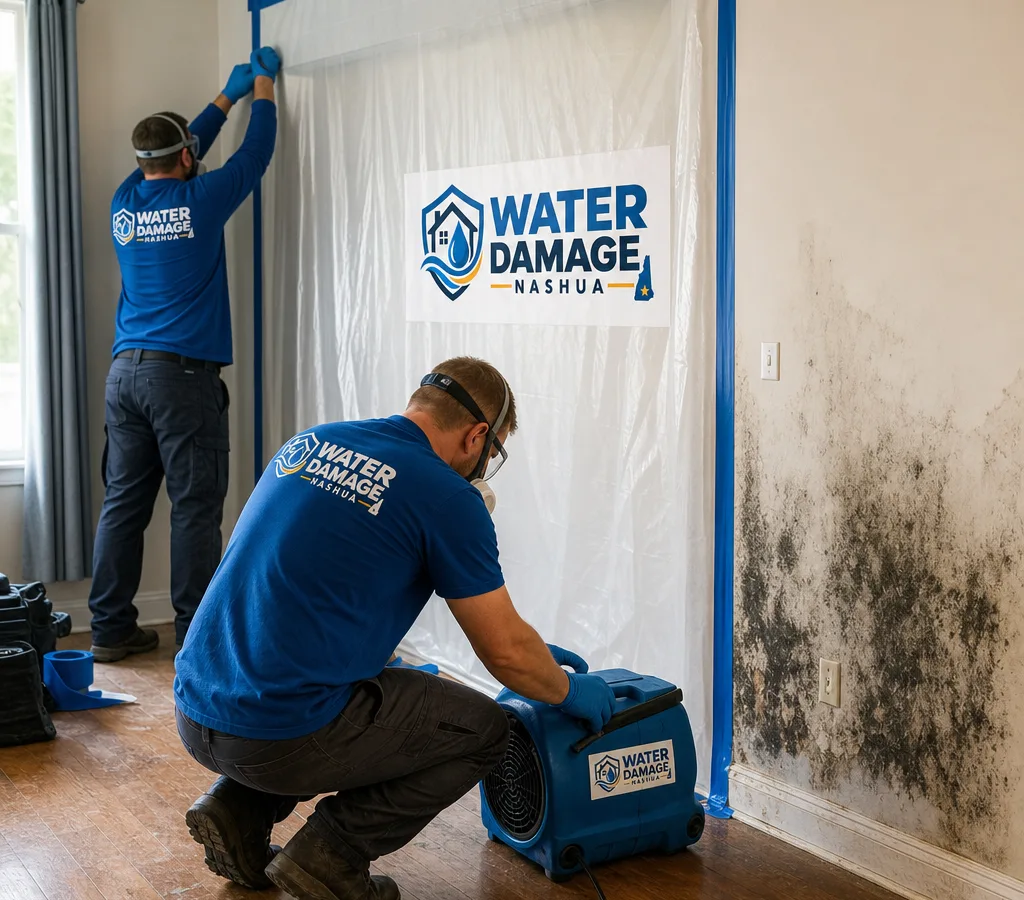 Technicians setting up plastic containment and negative air equipment in a residential room with mold staining