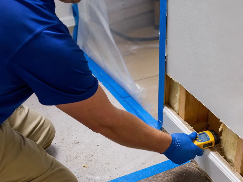 Moisture meter testing drywall near a baseboard beside a contained mold remediation work area