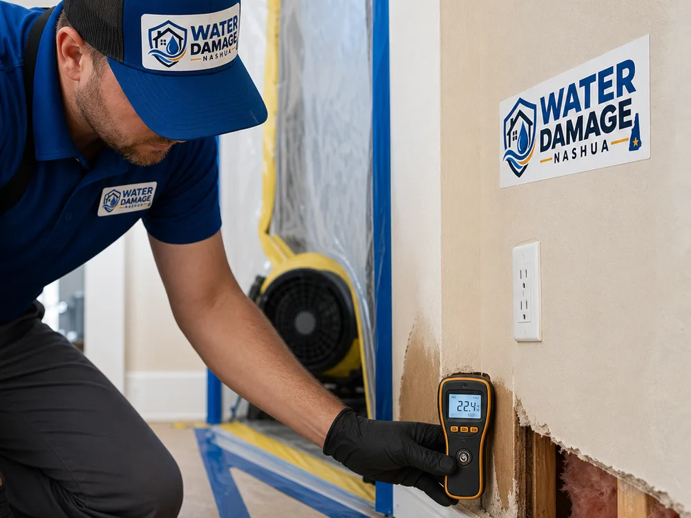 Moisture meter testing drywall near a baseboard beside a contained mold remediation work area