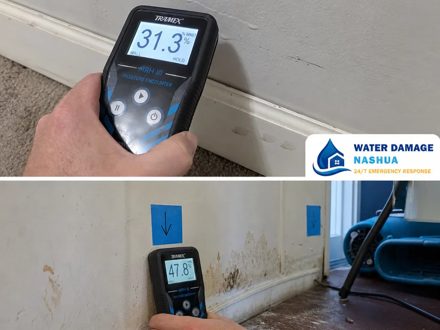 Moisture meter checking baseboard and drywall during a water damage inspection