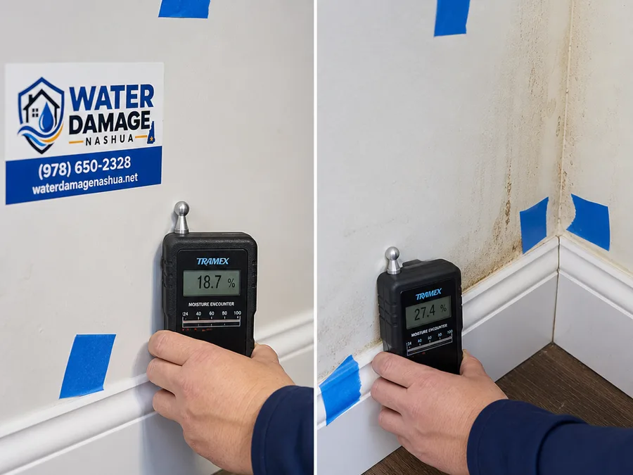 Moisture meter checking baseboard and drywall during a water damage inspection