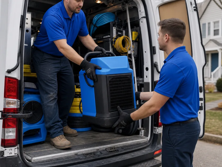 Water damage technicians loading dehumidifiers and air movers from a service vehicle