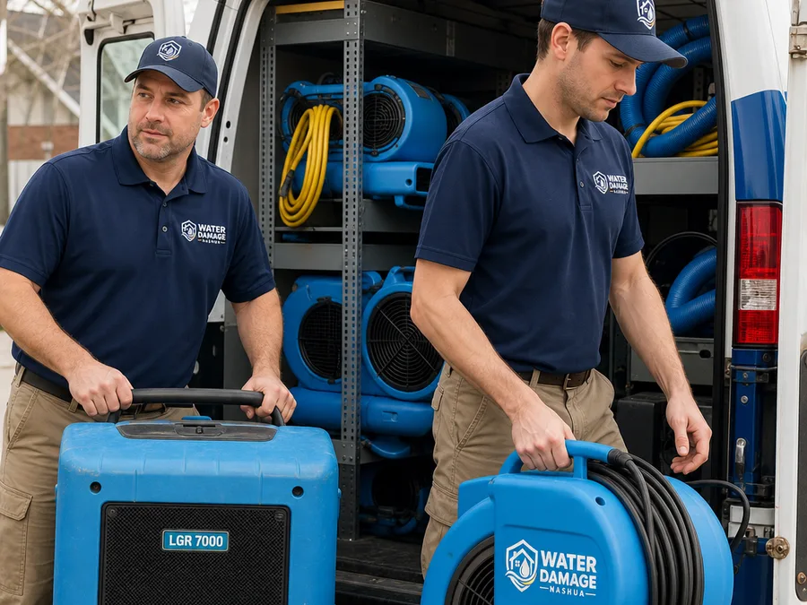 Water damage technicians loading dehumidifiers and air movers from a service vehicle